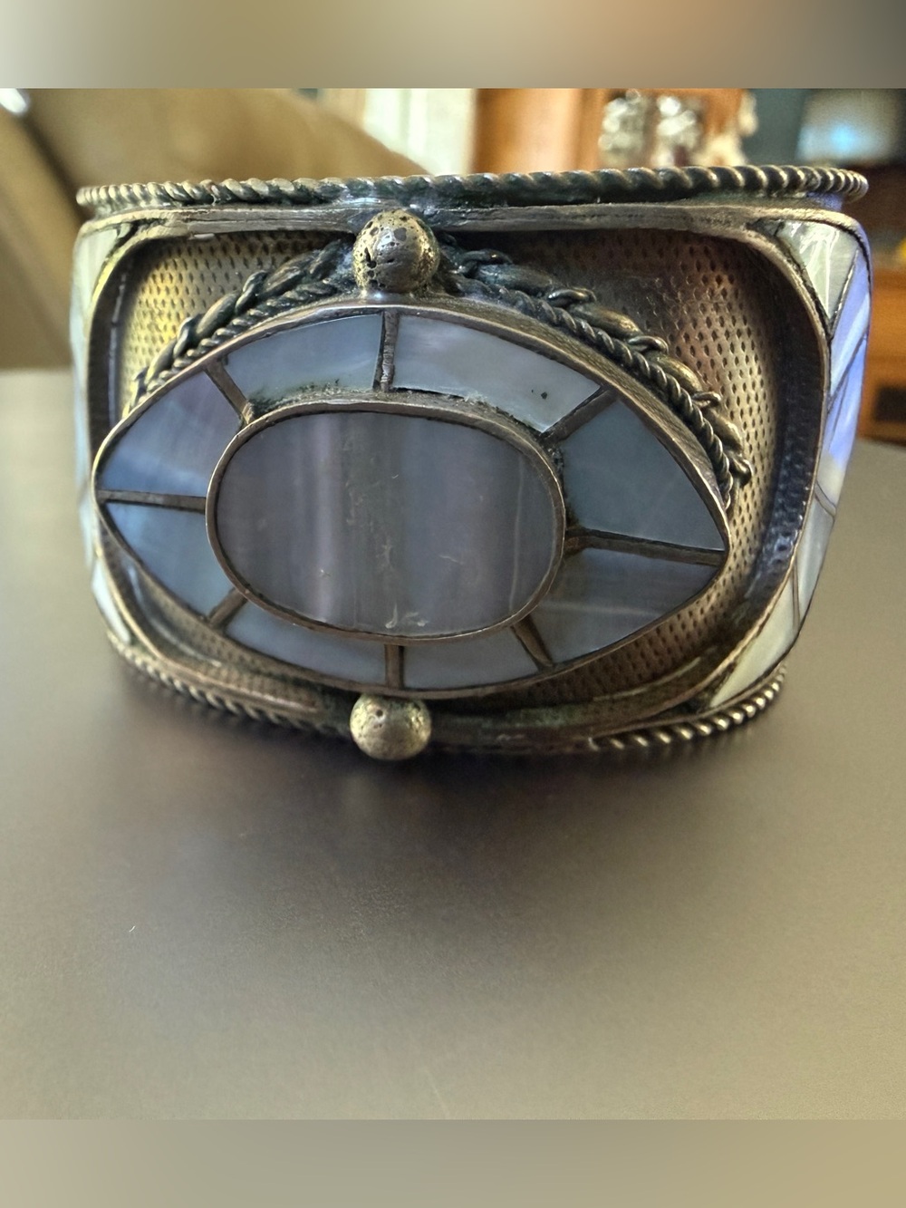 Vintage Mother of Pearl Inlay Mixed Metal Cuff Bracelet